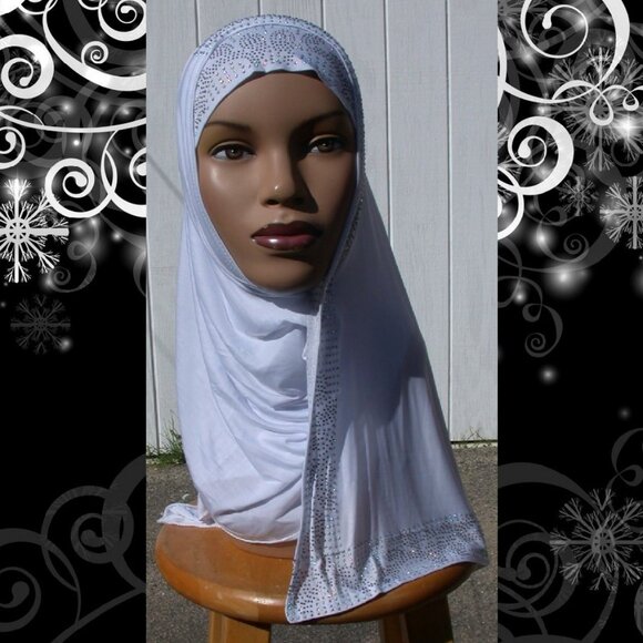 White Instant Mona Hijab One Piece Muslim Rhinestone Hijab - Picture 2 of 2